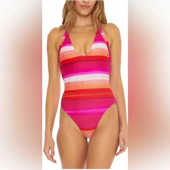 TRINA TURK Pink Orange Solstice Stripe Plunge Halter One Piece Swimsuit Size 14 - Picture 13 of 15